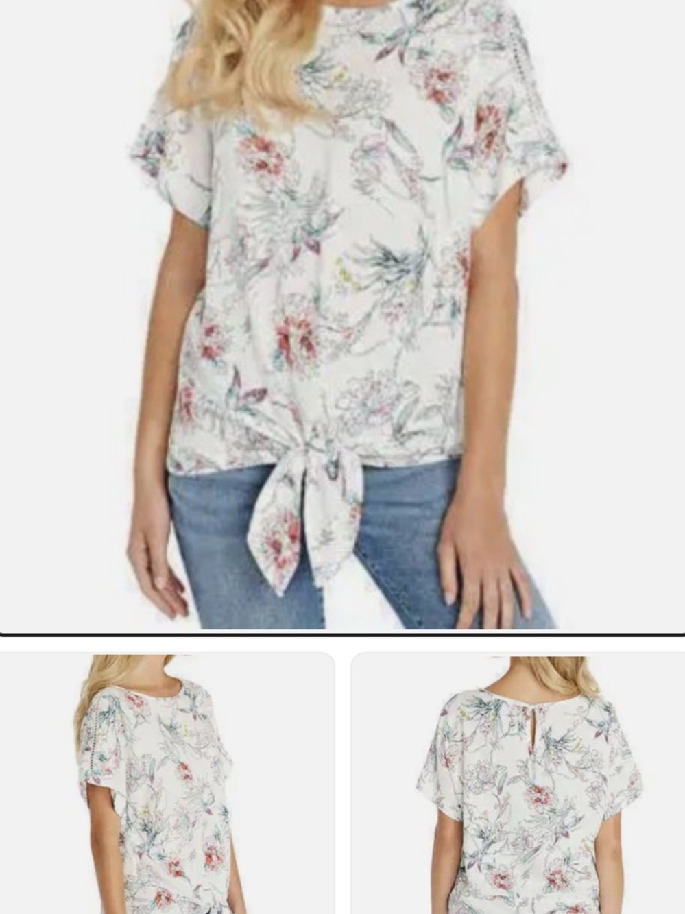 NWT Buffalo David Bitton White Floral Tie-Hem Batwing Short Sleeve Blouse XL